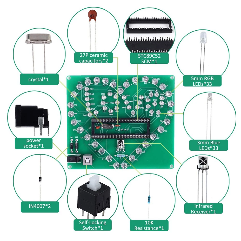 DIY Electronic Kit LED Flashing Heart Love Glowing Colorful Light Suite Soldering Practice For School Student STEM Teaching