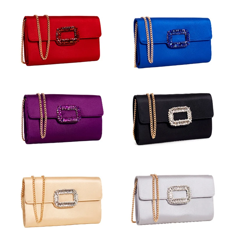 Elegant Satin Envelope Evening Handbags for Women Square Diamond Buckle Wedding Bridal Party Purse Shoulder Chain Messenger Bags