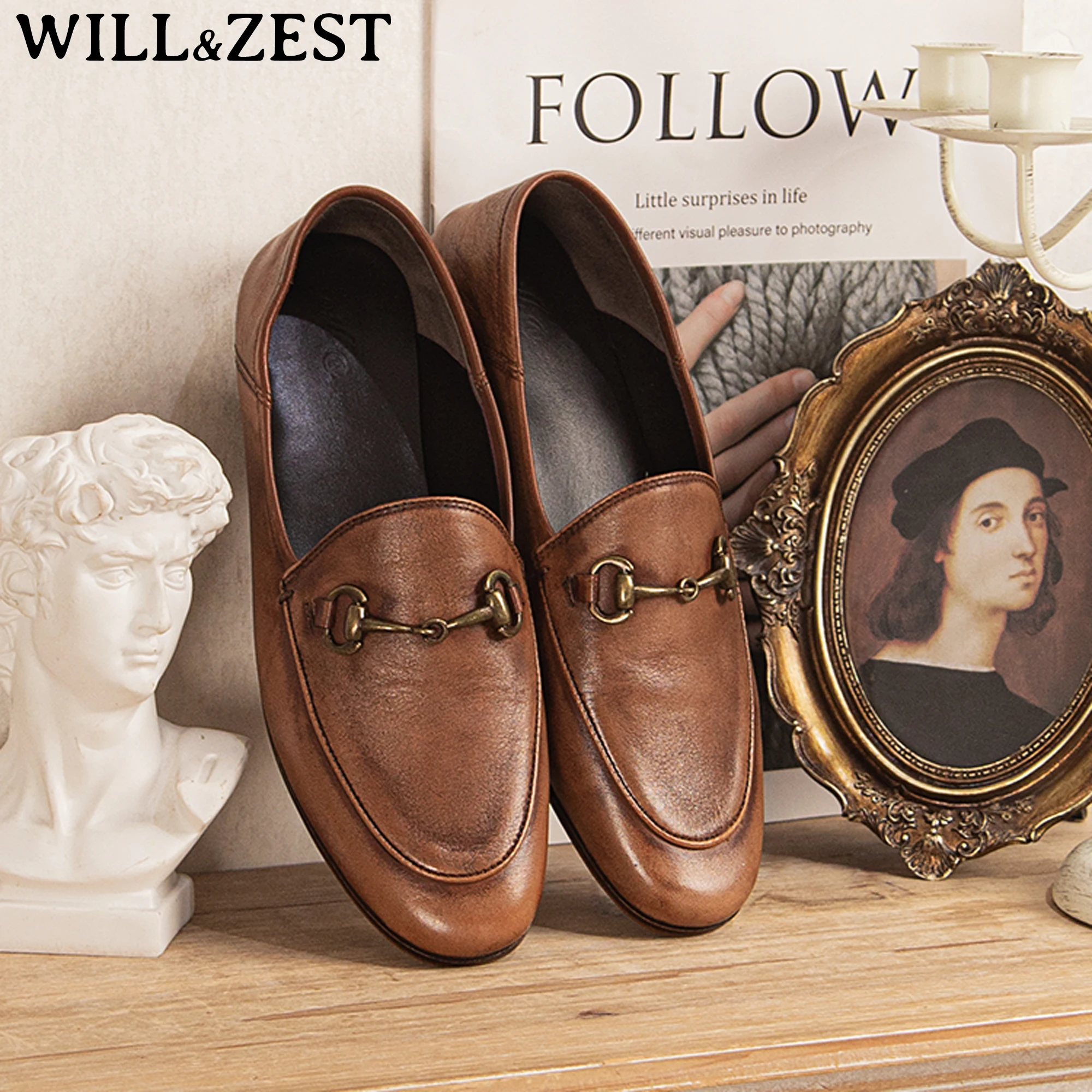 

Round Toe Vintage Zapatos Slip-On Women Genuine Cow Leather Flats Retro Buckle Luxury Loafers Female Cusual Shoes For Ladies