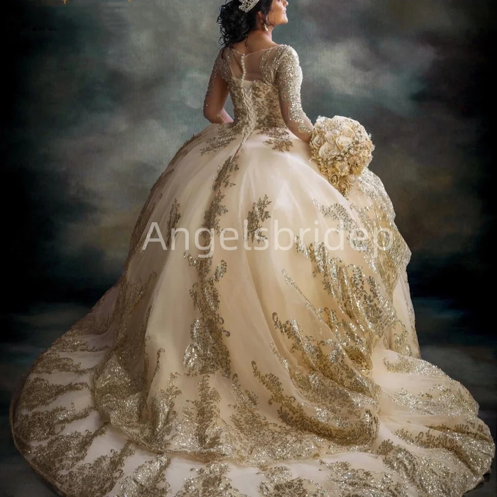 Angelsbide ชุดไปงานเต้นรำหรูหราชุดเดรส quinceanera ผ้าโปร่งสีทองผ้าโปร่งชุดงานวันเกิดผ้าปะติดเสื้อรับปริญญา15อัน