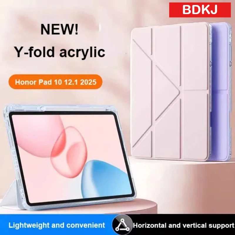 Y-Folding HD Acrylic Flip Case for New Honor Pad 10 12.1Inch 2025 Pad 9 GT X9a V9 X9 Pro 11.5 X8a with Pen Slot Shockproof Cover