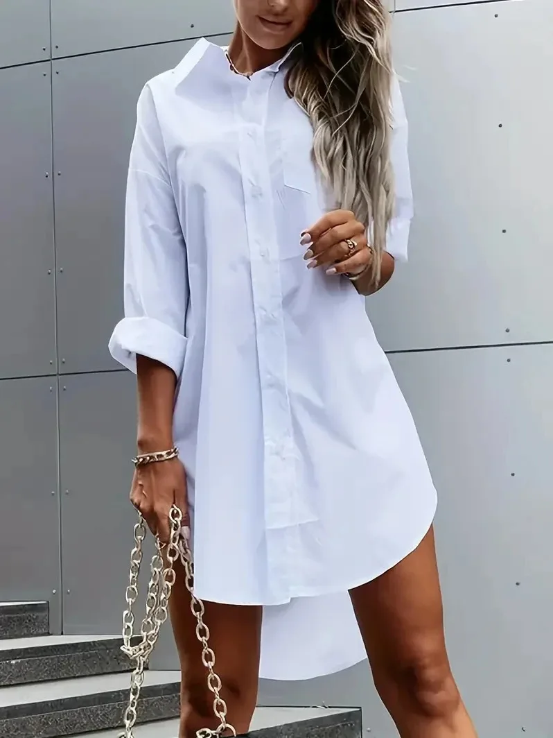 Feminino cor sólida botão frente camisa vestido casual manga longa lapela vestido para primavera moda sexy feminino topos camisas vestido ls4a
