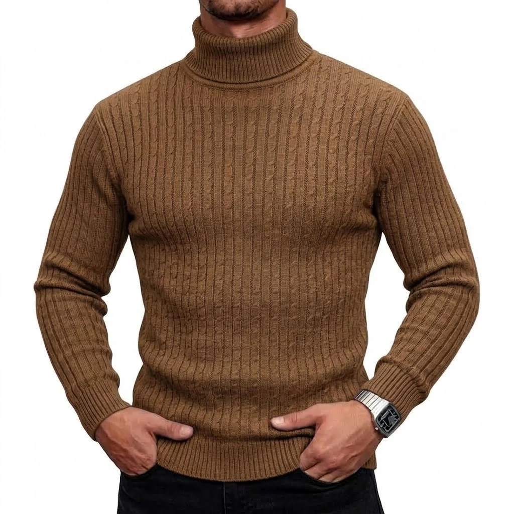 Neuer Herren-Rollkragenpullover, lässiger Zopfstrickpullover, hoher Kragen, lange Ärmel, warme Winterpullover für Männer, schmal geschnittene Oberteile. – Detail 14