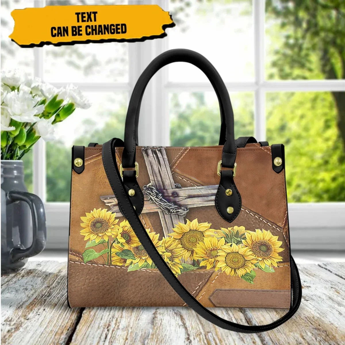 

cywgift God Cross and Sunflower Design Women Handbags Fashion Leather Ladies Totes Shoulder Bags for Female Easter Gift Bolsa