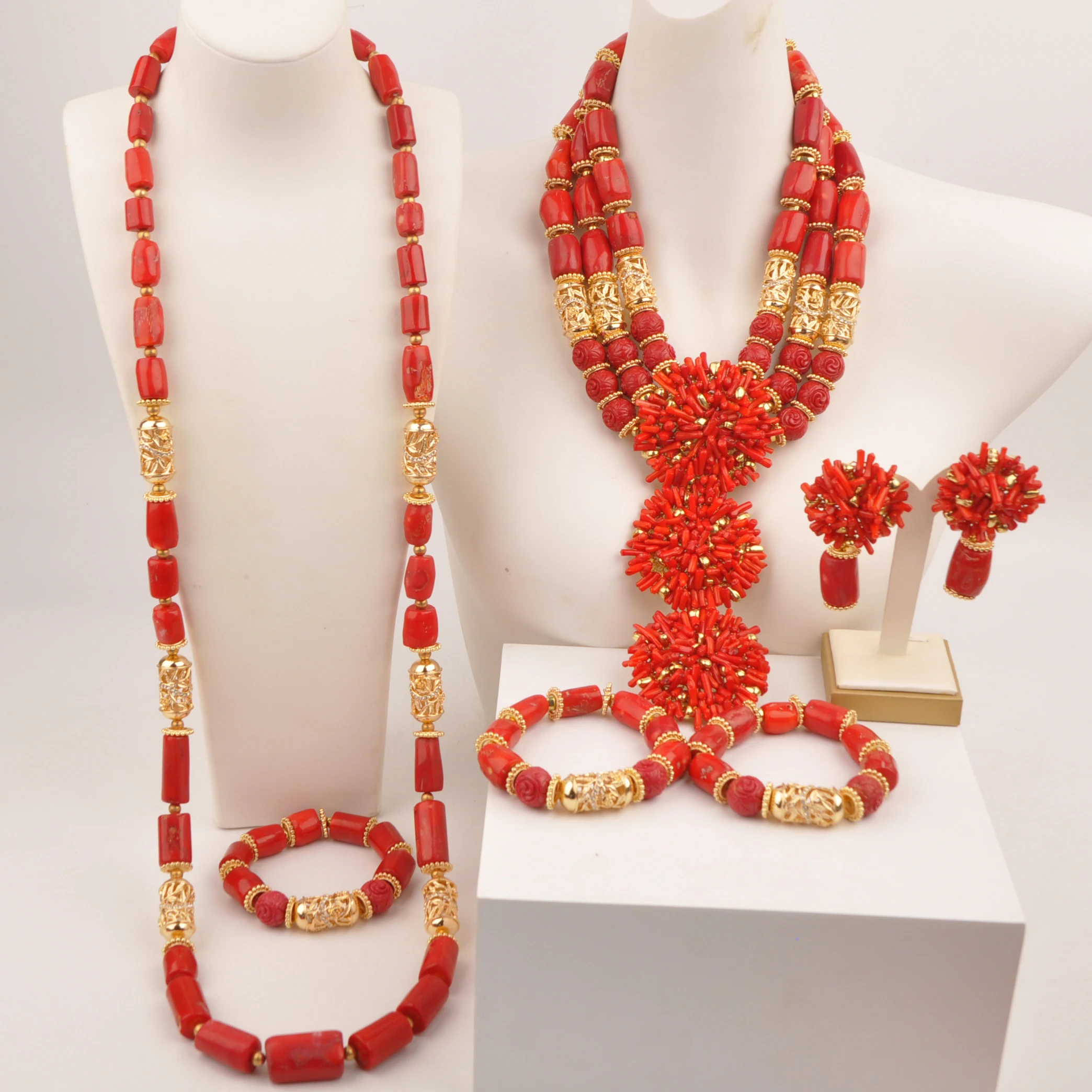 

New arrived Nigerian wedding set african coral beads jewelry set for couple