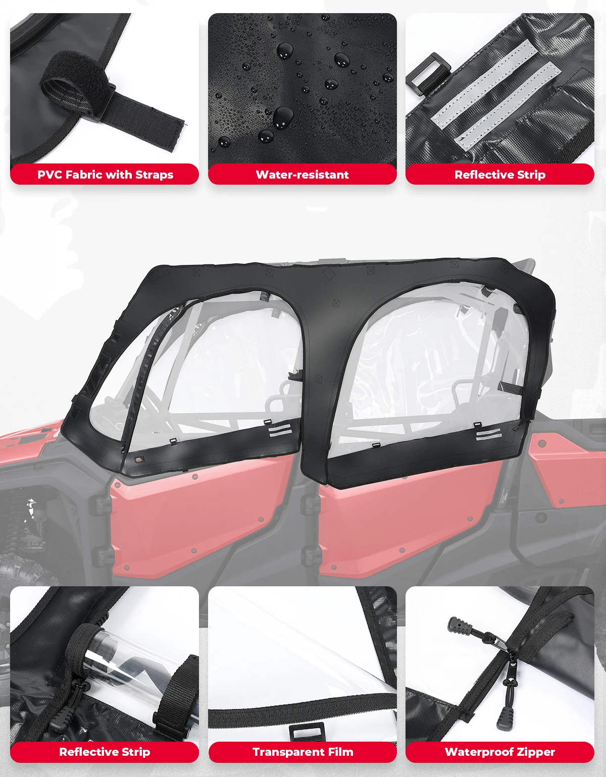 For Honda Pioneer 1000-6 2023 Soft Cab Enclosure 4 Side Upper Doors Windows Windshield Black 0SR90-HL4-212A PVC Water-Resistant