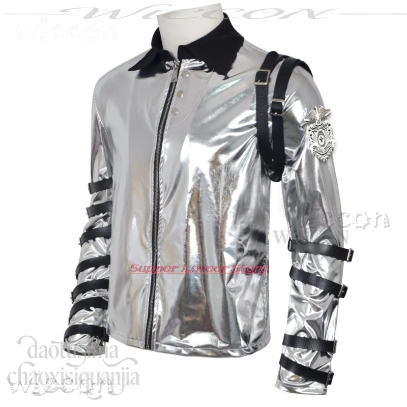Halloween Cosplays Michael Jackson Silver Leather Coat – Punk Stage Costume + Long Wavy Wig, Halloween Prop view 5