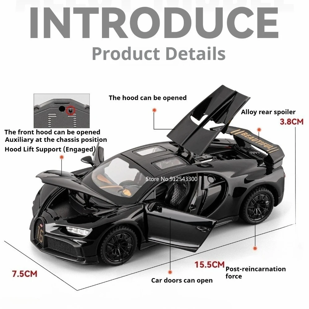 1:32 Scale Bugatti Chiron Sports Car Alloy Model Miniature Diecast Toy Doors Opened Pull Back Vehice Ideal Livingroom Decoration