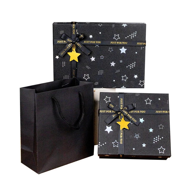 Black Star Gift Box With Ribbon Bow Rectangular Paper Box Birthday Gift Anniversary Exquisite Packaging Box
