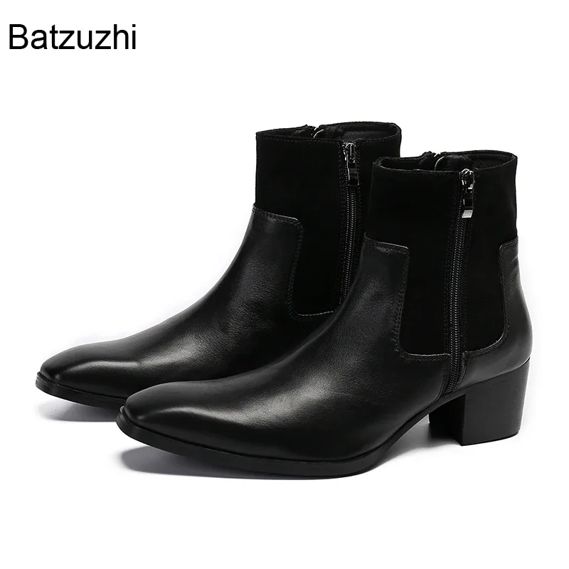 

Batzuzhi 6cm High Heels Black Genuine Leather Short Boots Men Pointed Toe Split Business, Party Botas Hombre, Big Sizes EU38-46