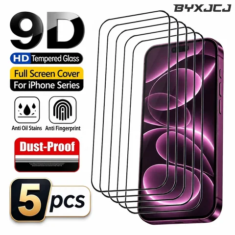 5-Pack Silk Screen HD High-Definition Transparent Tempered Glass Screen Protector For iPhone Duo/18 Pro Max/18 Pro, 9D Full-Screen Protective Glass With Black Silk Screen Border, Ultra-High Light Transmission, Dustproof, Fingerprint-Resistant,