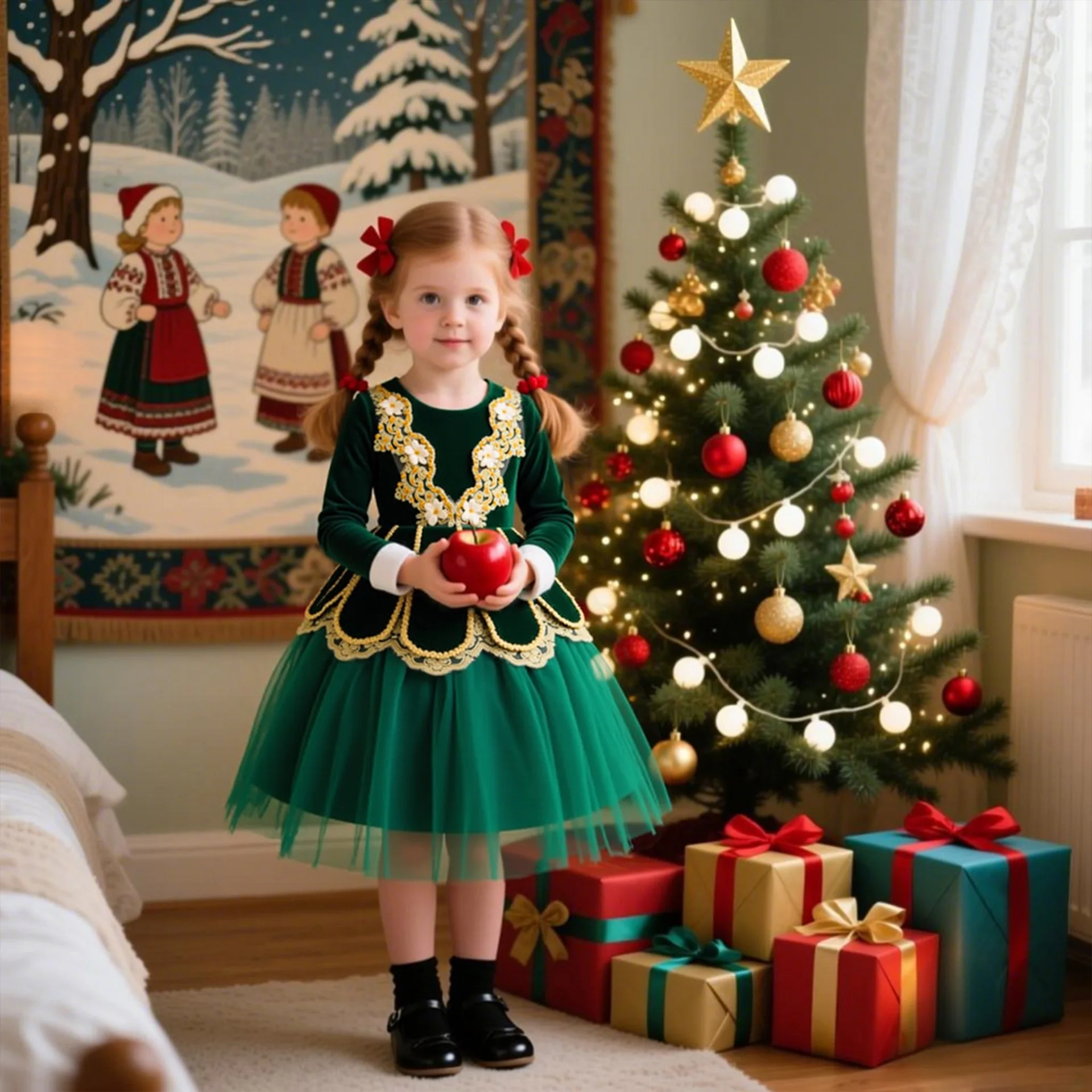 

Luxury Kids Christmas Dress Children Green Long Sleeve Velvet Princess Dress For Children Girls Xmas Elves Birthday Party Gown
