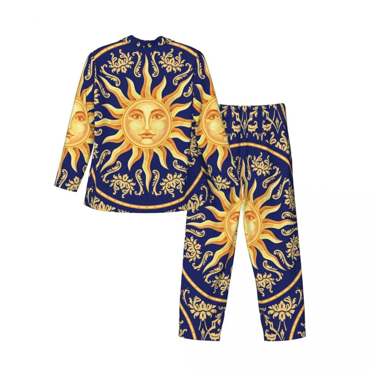 Men Pajamas Set of Autumn Winter Long-Sleeved Baroque Blue And Gold With Sun Face Home Clothing Sleepwear 2PCS/Set