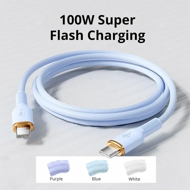 100W Type-C to Type-C Fast Charging Cable 6A Super Charge Silicone USB-C Data Cable for Android Smart Phones 1m 2m