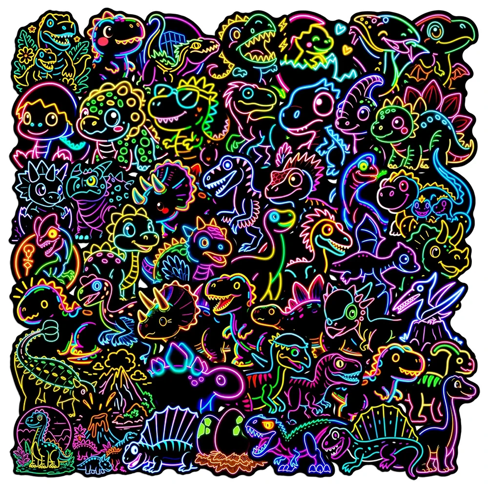 10/30/50pcs Cartoon Q Version Funny Neon Style Dinosaur Stickers DIY Water Cup Scrapbook Planner Creative Funny Decoration Decal