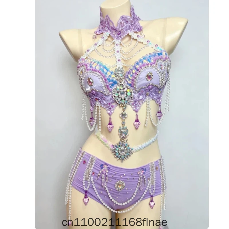 Modern Dance Performance Dress Nightclub Bar Female Full Diamond Purple Colorful Dress Bikini Singer Performance Dress