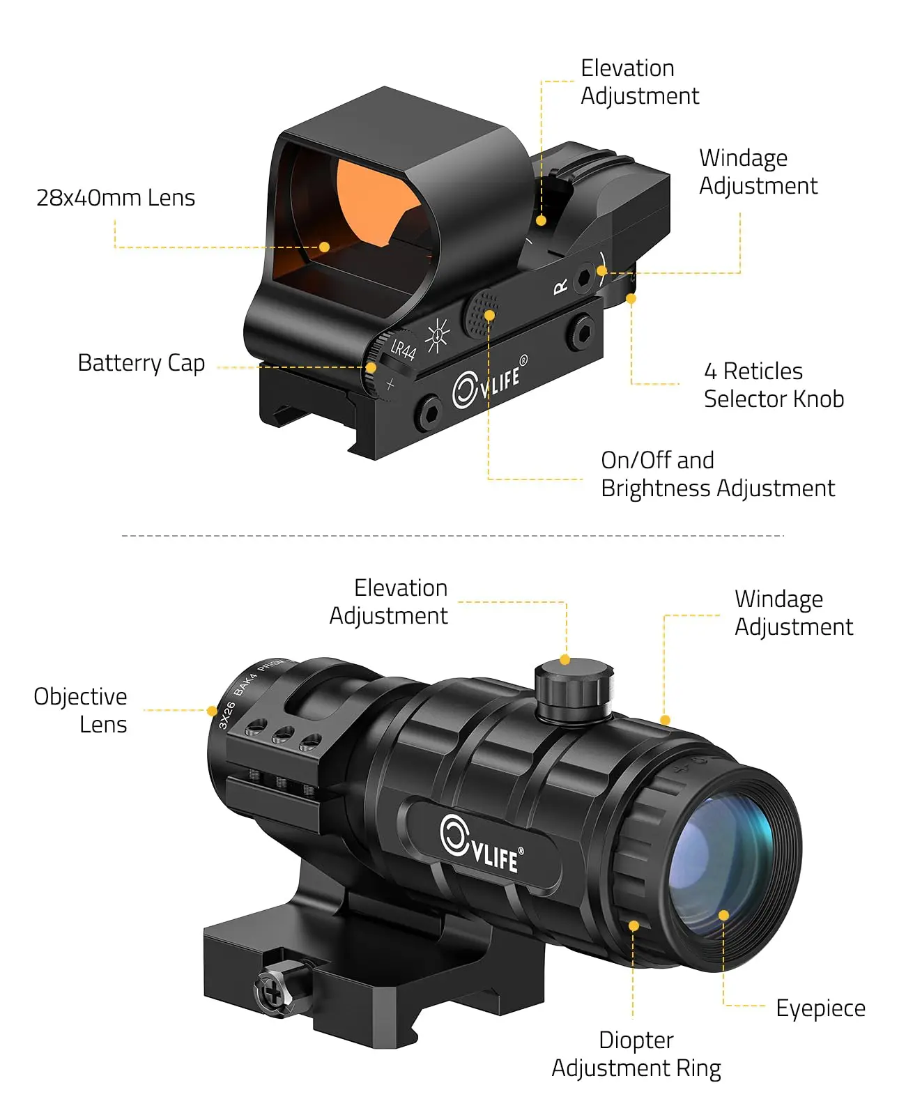 CVLIFE بصريات نطاق الرؤية المنقطة الحمراء و3X المكبر كومبو المطلق المشترك مع حامل قابل للطي إلى الجانب لسكك الحديدية Picatinny