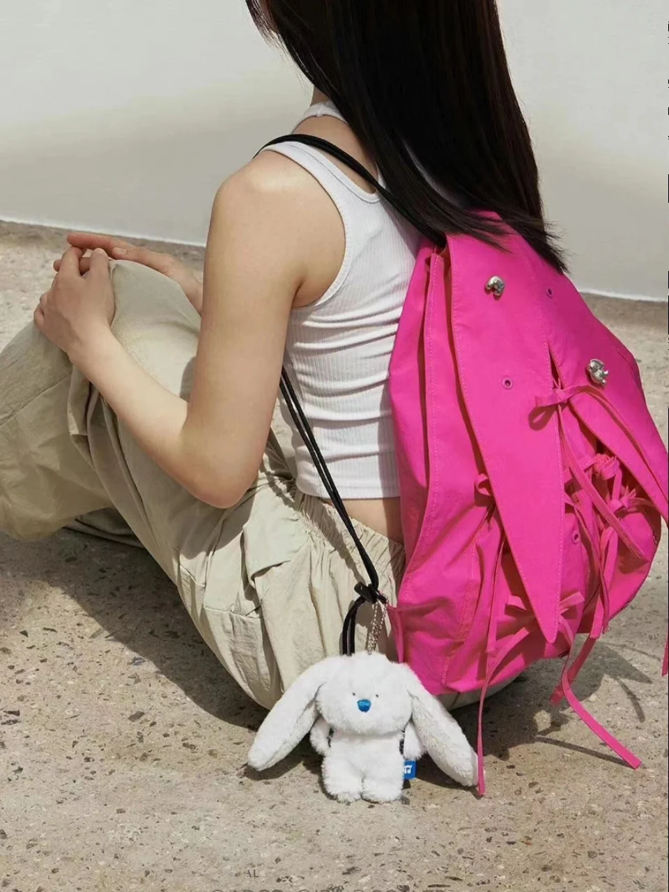 

2024 New Flaing Double oulder Bag Rabbit Ear Casual Student Bapa Women's Bag Nylon Material Korean Sle Knot