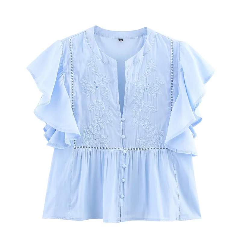 

Openwork Embroidery Light Blue Shirt Women Short Ruffled Sleeves Round Neck Front Button Summer Tops Casual Blouse