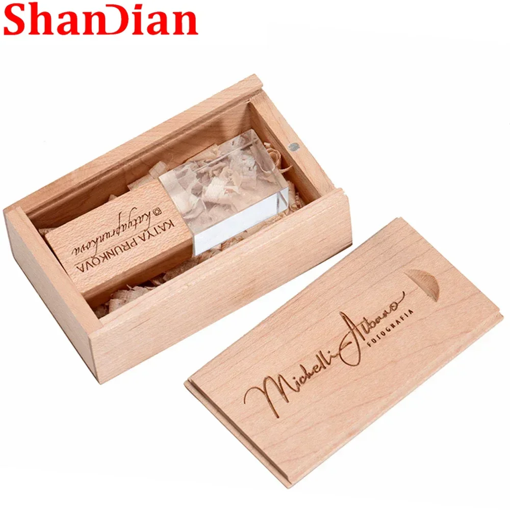 SHANDIAN creative wooden and crystal pendrive 4GB 32GB pen drive 16GB 64GB USB flash drive memory stick LOGO customized gifts