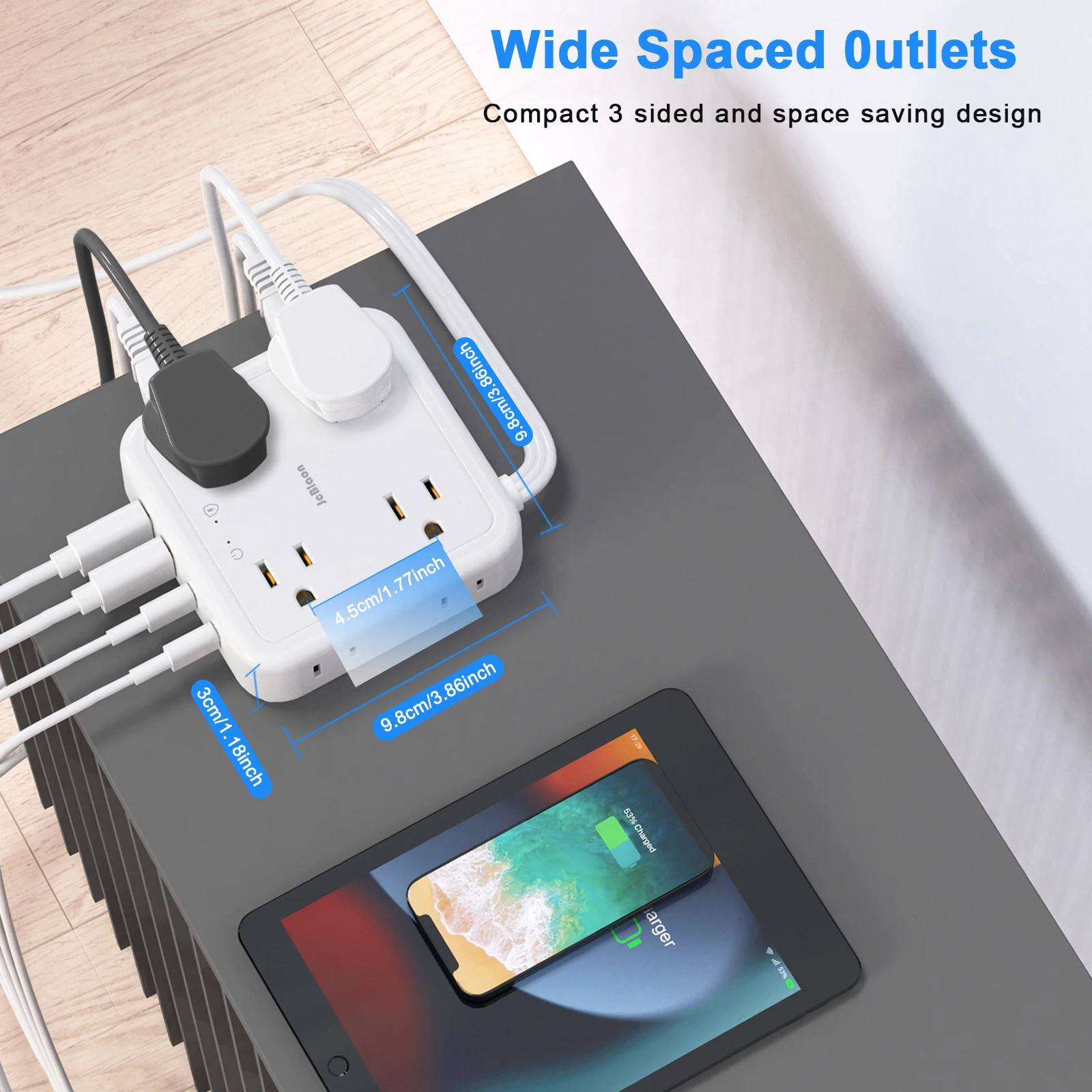 Surge Protector Power Strip - 8 Widely Outlets with 4 USB Charging Ports, 3 Side Outlet Extender with 5Ft Braided Extension Cord