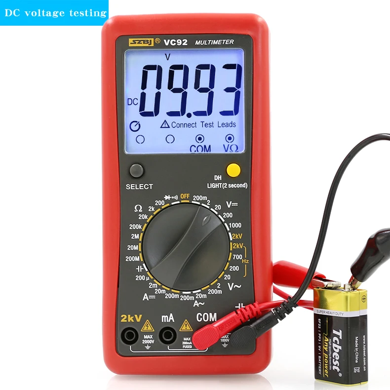 SZBJ VC92 Digital Multimeter Large Screen Display, Measures Phase-to-Phase Voltage, 2000V AC/DC Voltage, 2KV High Voltage Mete