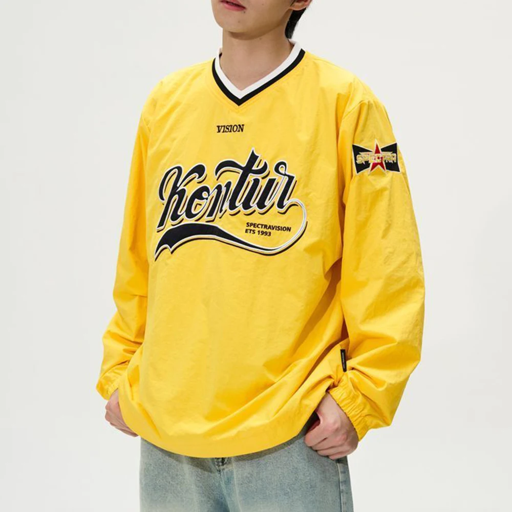 American Street Fashion Retro Yellow V-Neck Jersey Sweater Couple Style Autumn New Trend Slim Loose Y2k Long-Sleeved Top Men