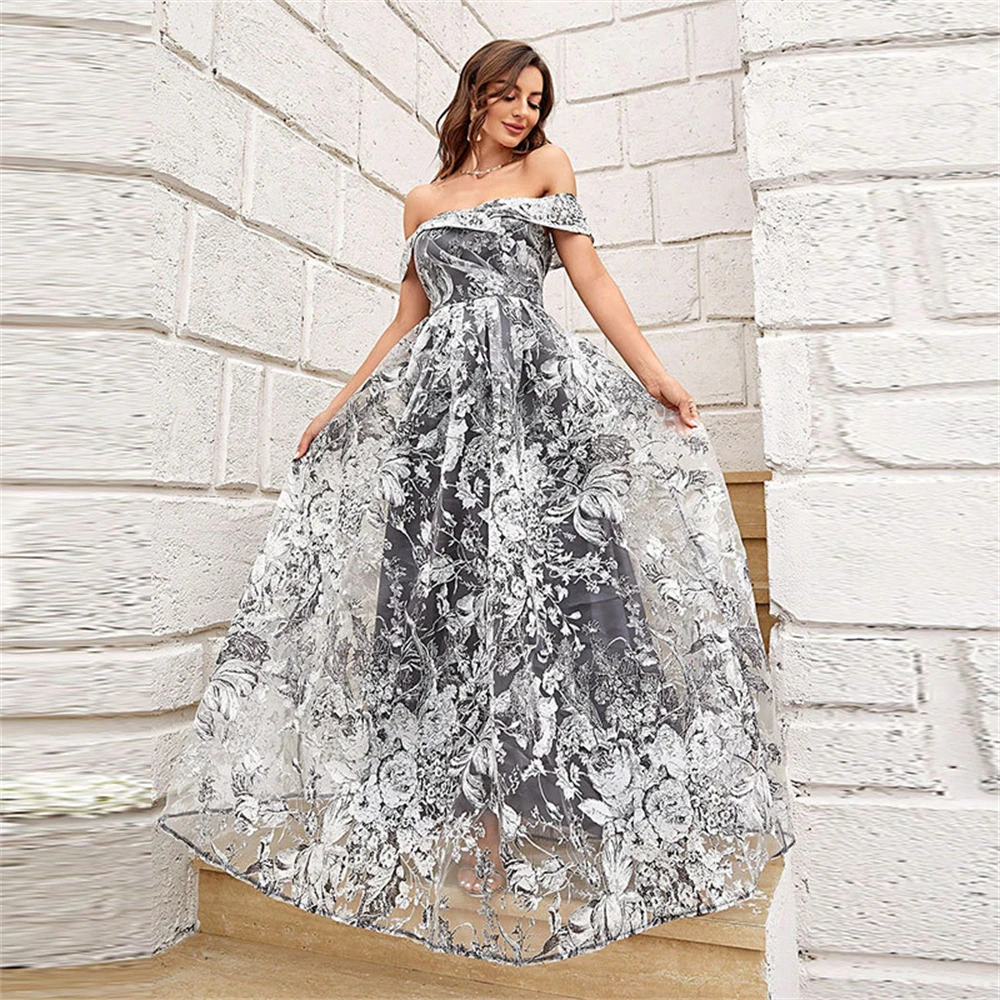 Vintage Women Mesh Flower Print Off Shoulder Long Maxi Dress Elegant Evening Dinner Prom Formal Party Gown Ladies Vestidos Robe