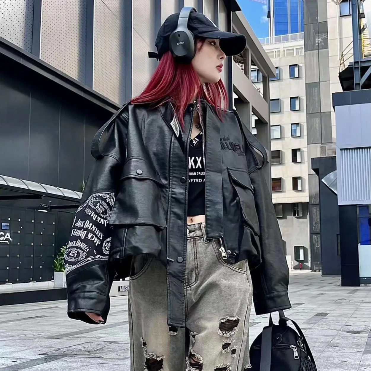 Sli bordado motociclista jaet ort americano sle casaco de couro feminino legal gola 2025 nova tendência faion streetwear