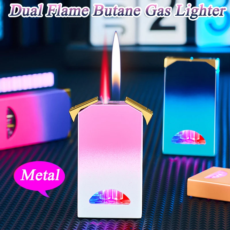 Dual Flame Butane Gas Lighter Switchable Torch Jet & Soft Flame Lighters Windproof With LED Colorful Light Cigarette Accessories