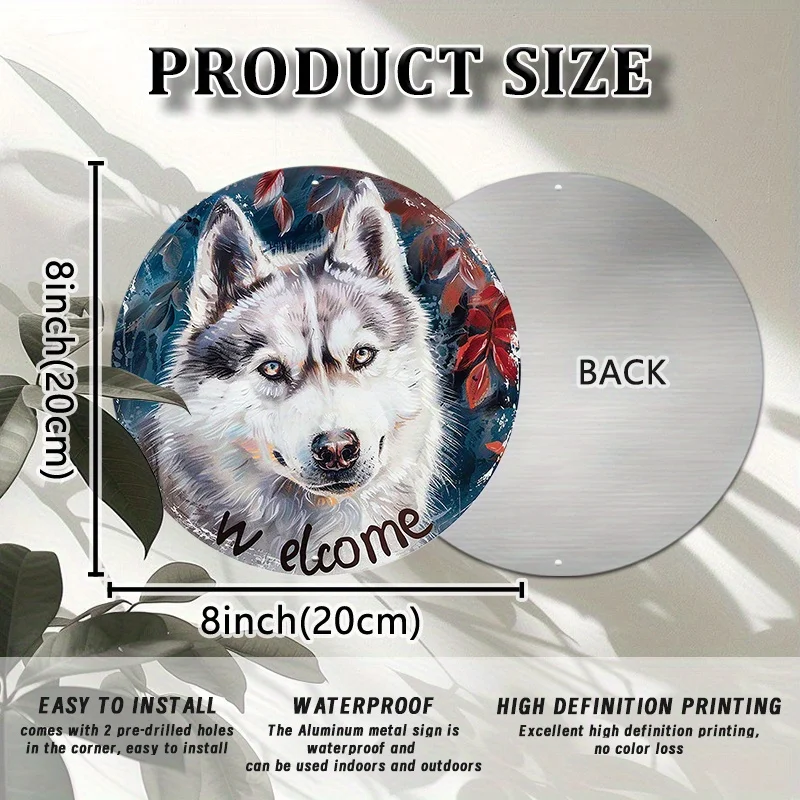 2D Flat, 1pc Husky Dog Welcome Sign - Round Aluminum Wall-Mounted Retro Husky Art with Autumn Foliage Background, Scratch & UV R