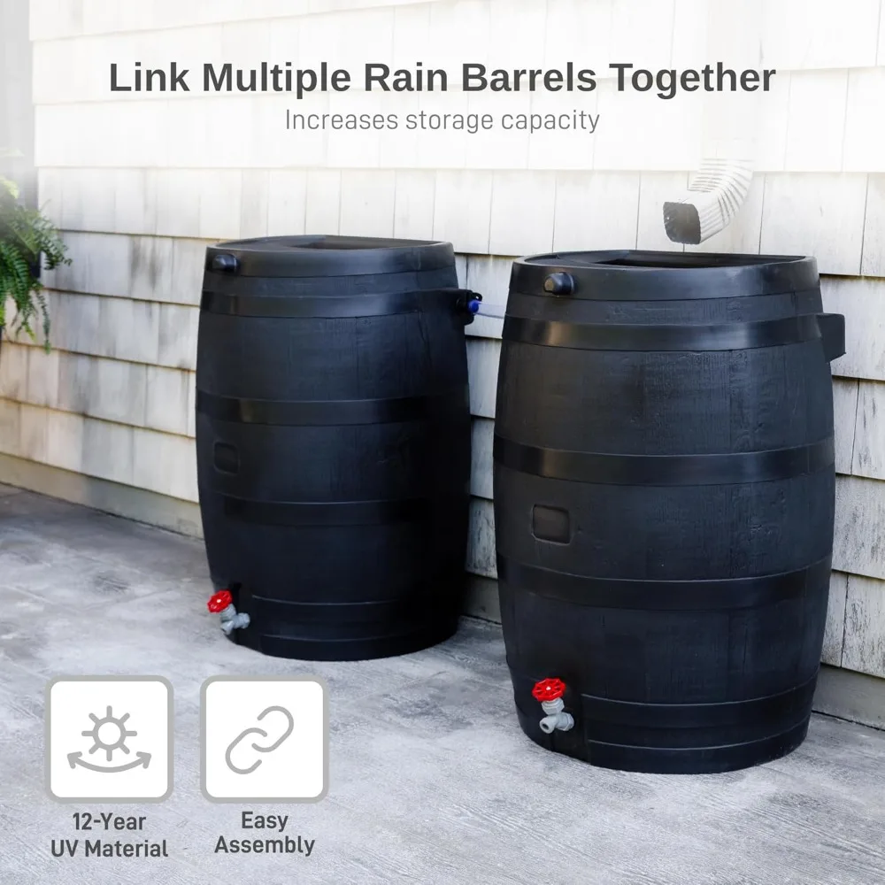 Barril de lluvia ECO de 50 galones hecho con plástico 100% reciclado, barril de recolección de agua de lluvia con parte posterior plana, negro
