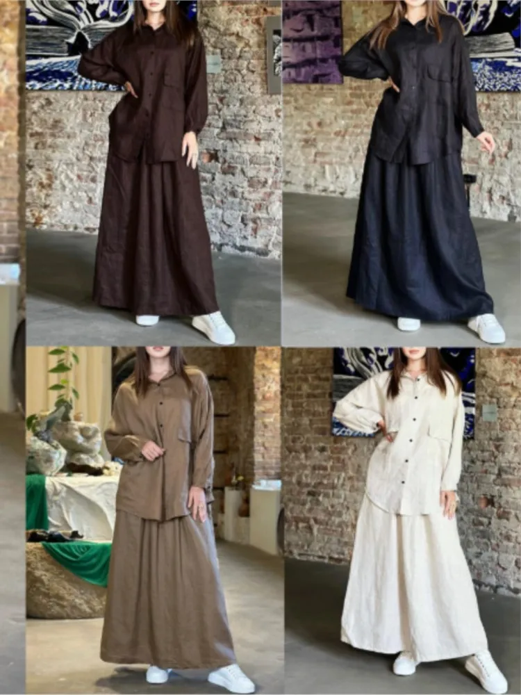 

Casual Cotton Line 2 Piece Set Women Autumn Long Sleeve Single Bretted Shirt + Skirt Sets Fashion Loose Suit Lady Preppy Style