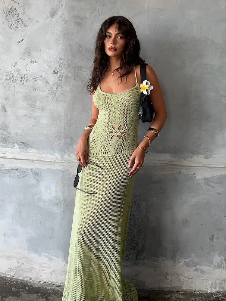 

Sexy Strap Knitted Floral Cut Out Beach Maxi Dress 2026 Women's Backless Slim Tunic Summer Holiday Party Swimwear Cover Up A3023