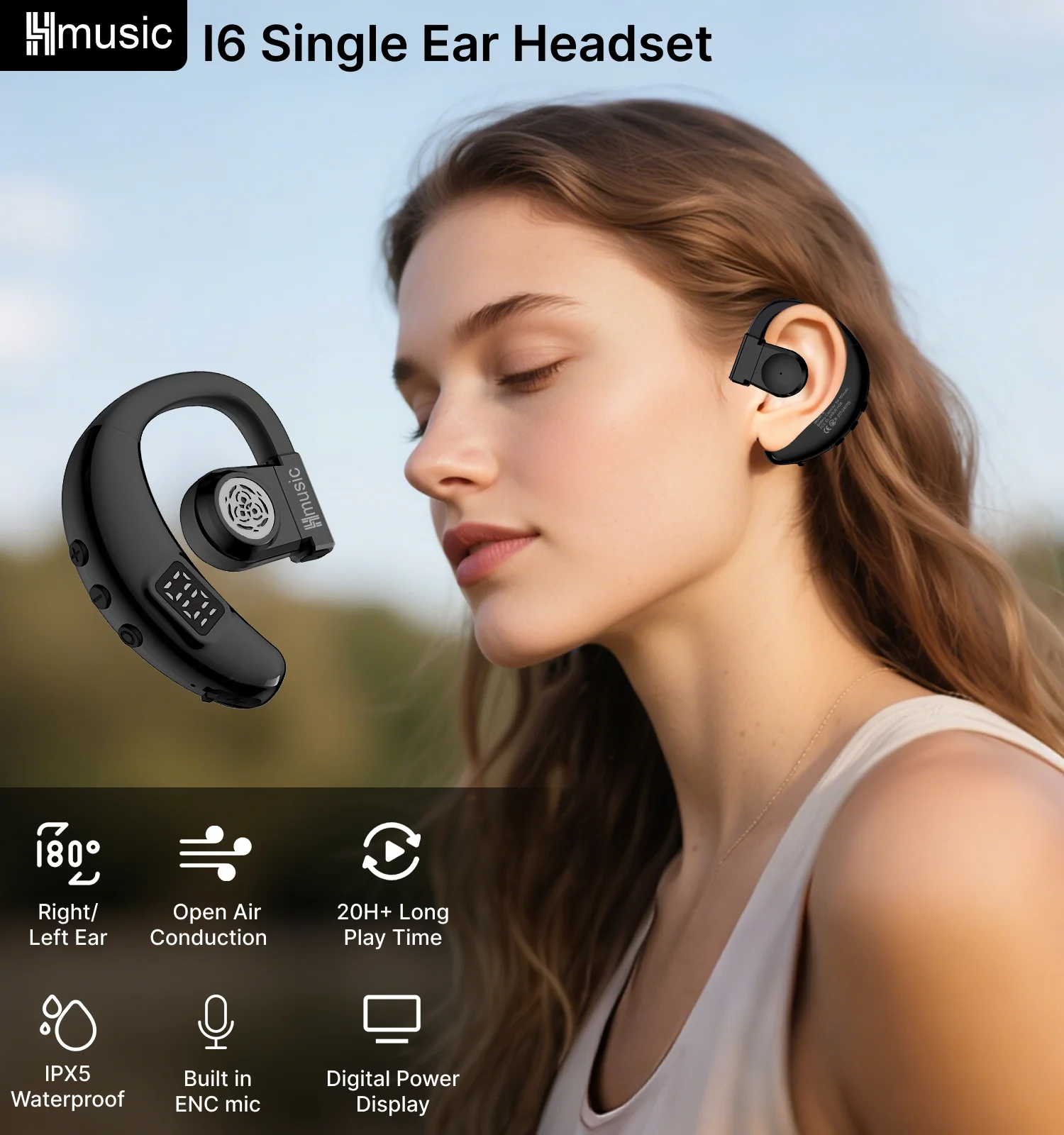Hmusic I6 Single Ear Bluetooth 5.4 Headset ENC Clear Calls 20H Battery LED Display Fits Both Ears for Driving & Working Type C