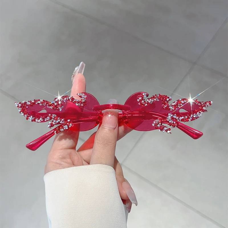 KAMMPT, gafas de sol de moda sin montura con diseño de fuego para mujer, decoración de Color caramelo, gafas de sol de fiesta, gafas de sol rosas de playa brillantes de cristal elegante