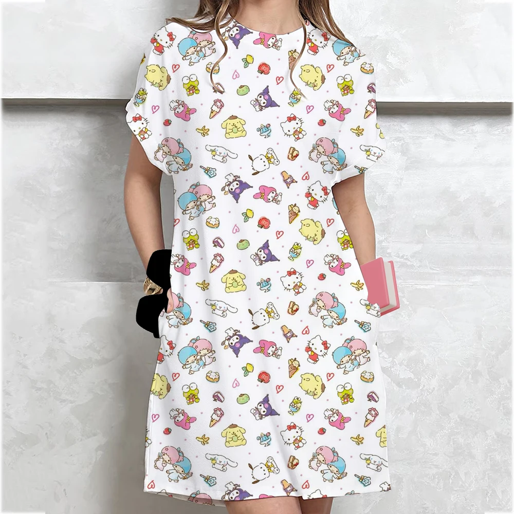 Women Casual Short Sleeve T Shirt Dress Vintage Hello Kitty print Loose Mini Dress Elegant Simple Mini Dress Streetwear Sundress