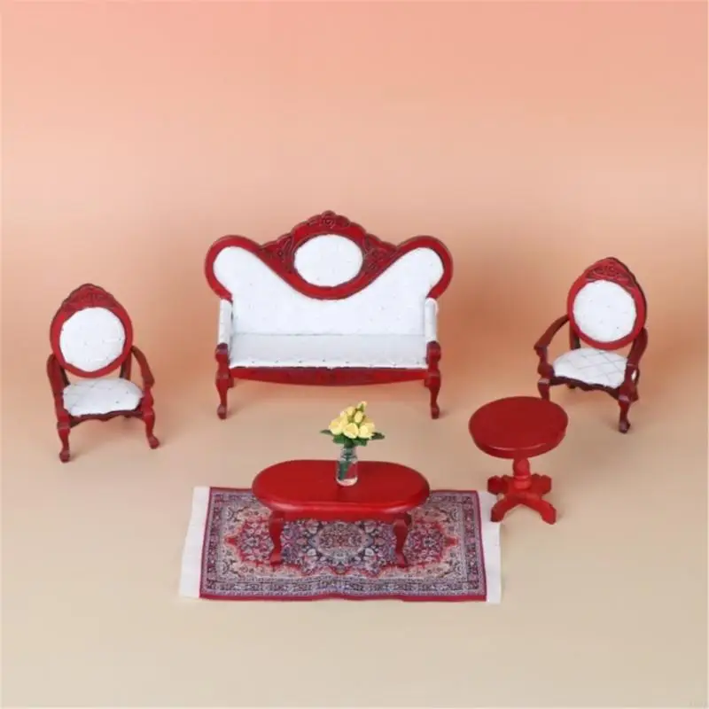

1/12 Scale Miniature European Styles Wooden Doll House Sofa And Chair Model Figurine Set For Realistic Scene Display A2UB