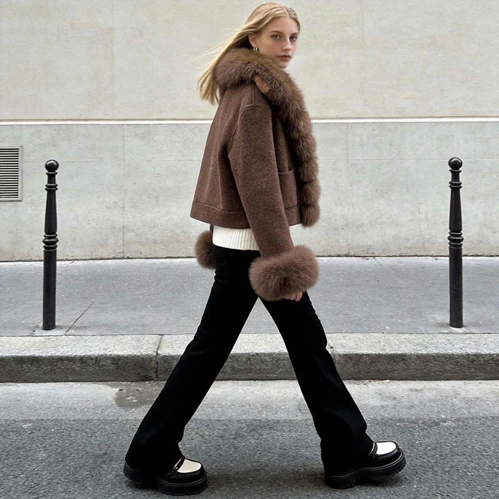 OFTBUY Wollmantel Neue Damen Kurze Doppelseitige Wolljacke mit Echten Fuchsfell-Taschen Luxuriöse Warme Wintermode-Oberbekleidung – Detail 12