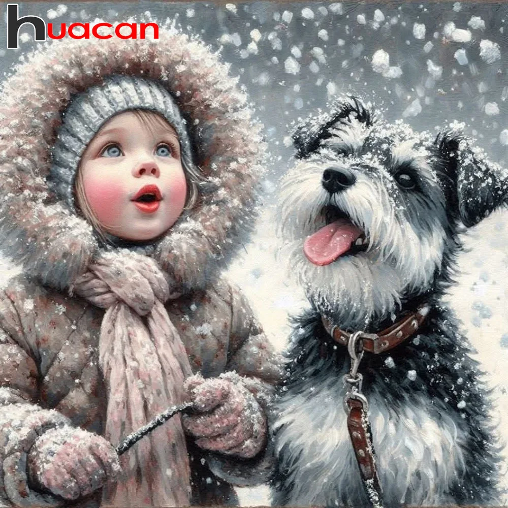Huacan Schneelandschaft 5D-Diamantgemälde, Mädchen und Hund, voller Bohrer, DIY-Diamant-Mosaik-Kunst, komplettes Kit, Heimdekoration