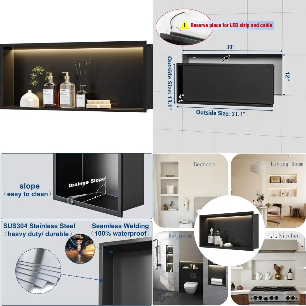

Matte Black 30x12 Recessed LED Shower Niche with Stainless Steel Cabinet and Warm 3000K Lighting, No Tiling Required