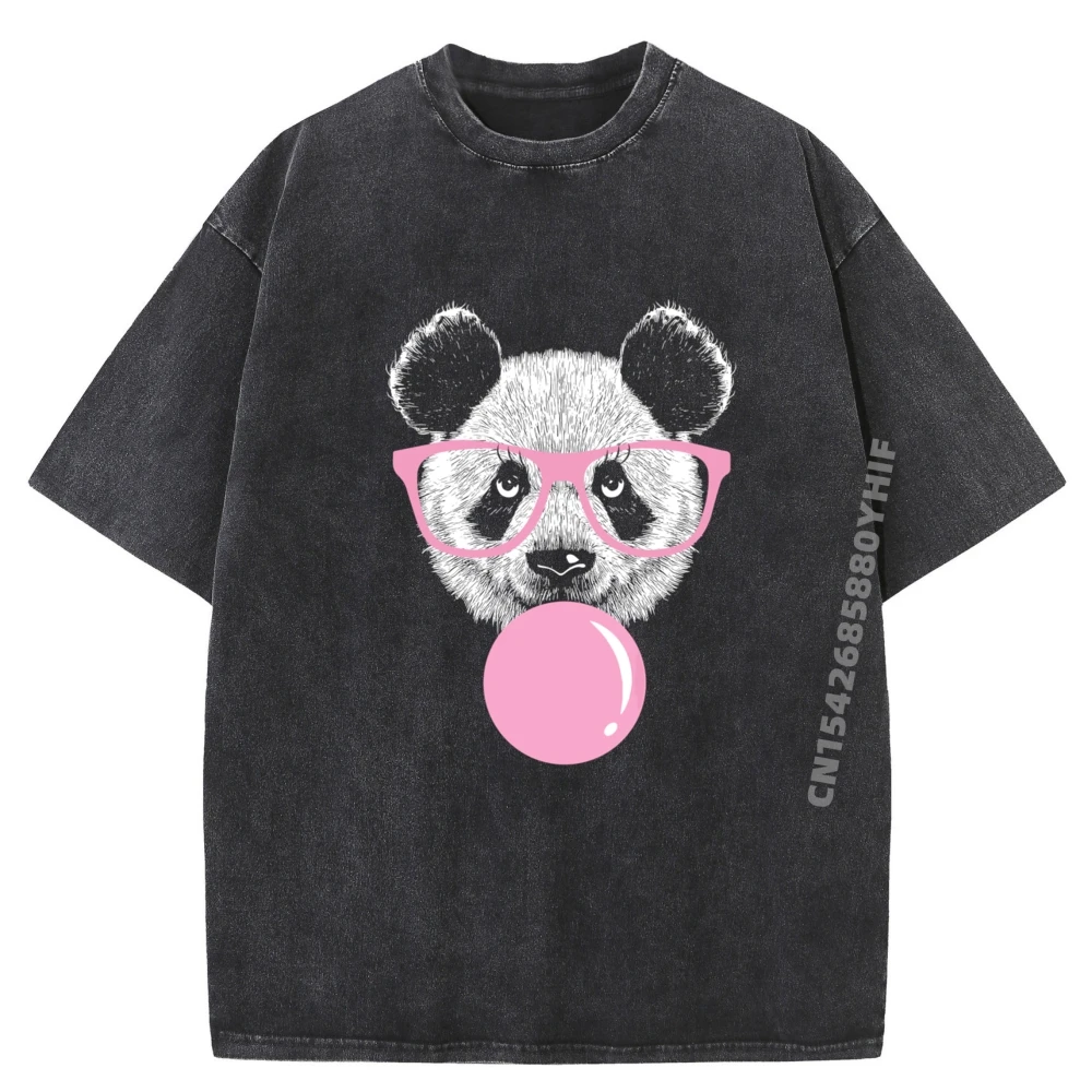 

Cool Panda Face Eating Gum And Makes A Bubble Cute Panda Graphic Tees Men High Quality Men's T-Shirt Washed Shirt Chinese Style
