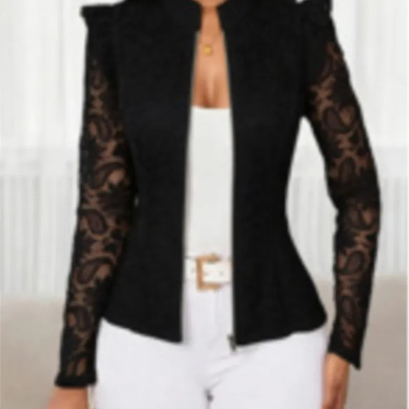 Lace Sleeve Round-neck Zipper Cardigan Suit Jackets For Women Blazer De Mujer