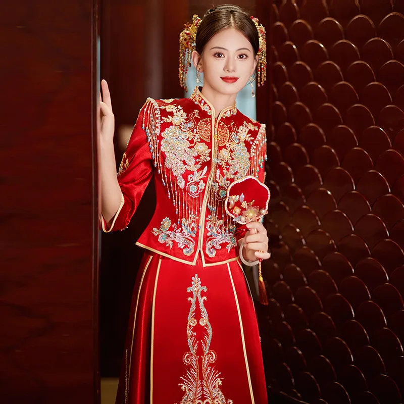 

Yourqipao Women Bride Dress Wedding Dresses Retro Chinese Traditional Xiuhe Cheongsam Dress The Bride Toast Clothing Long Gowns