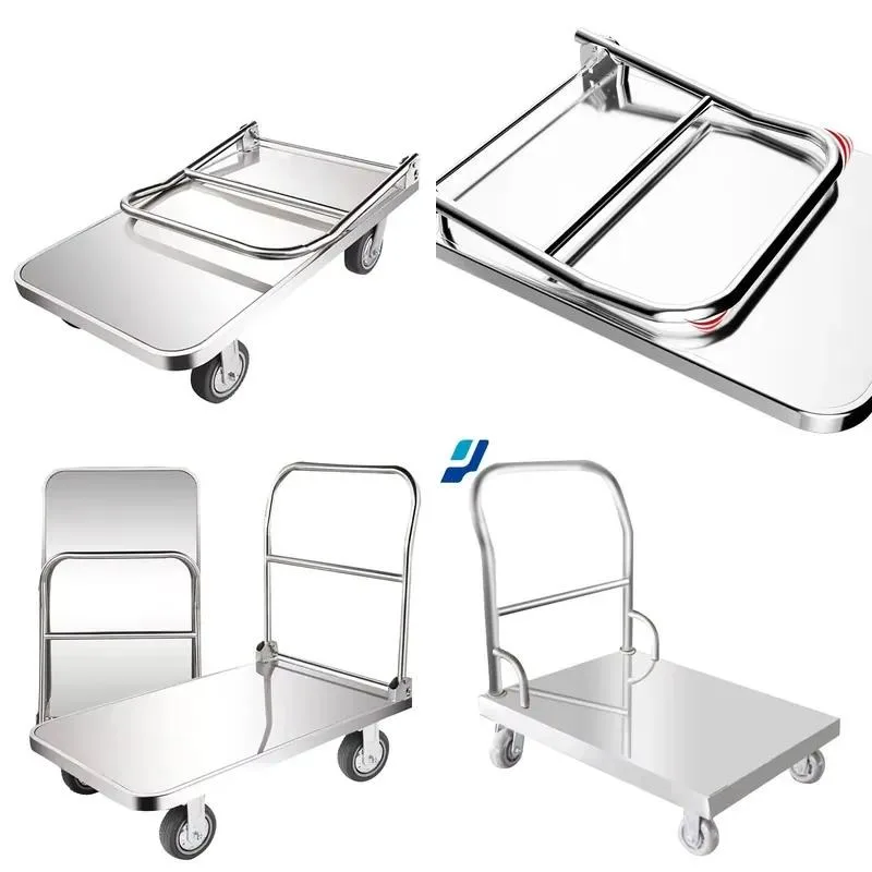 Commercial Stainless Steel Flatbed Trolley Foldable Kitchen Cart Hotel Restaurant Transporter Inox Utility Truck