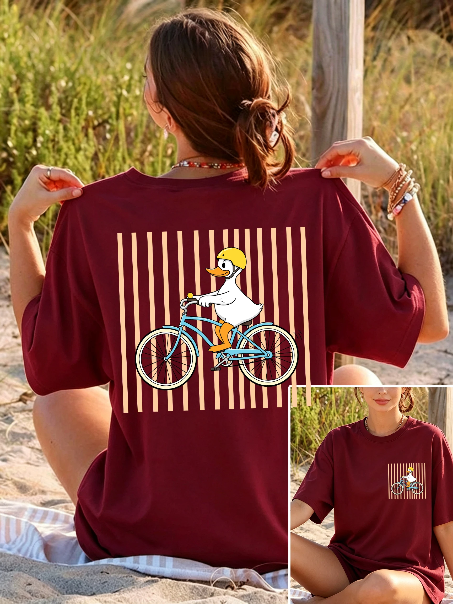 Cute Duck Riding Bicycle Print Women T-Shirts O-Neck Y2K Breathable Short Sleeve Cotton Casual T Shirt Summer Oversized Clothes