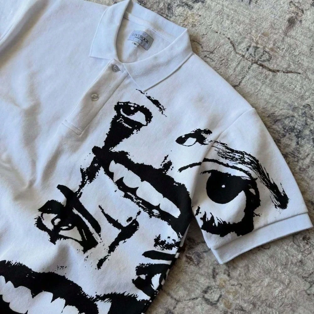 Y2K Abstract Face Graphic Oversized Short Sleeve Polo Shirt