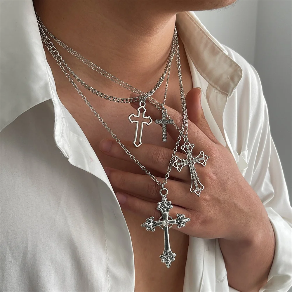 4pcs/set Shiny Zircon Cross Pendant Necklace Set for Women Vintage Crystal Cross Necklace Adjustable Long Chain Y2K Jewelry 2025