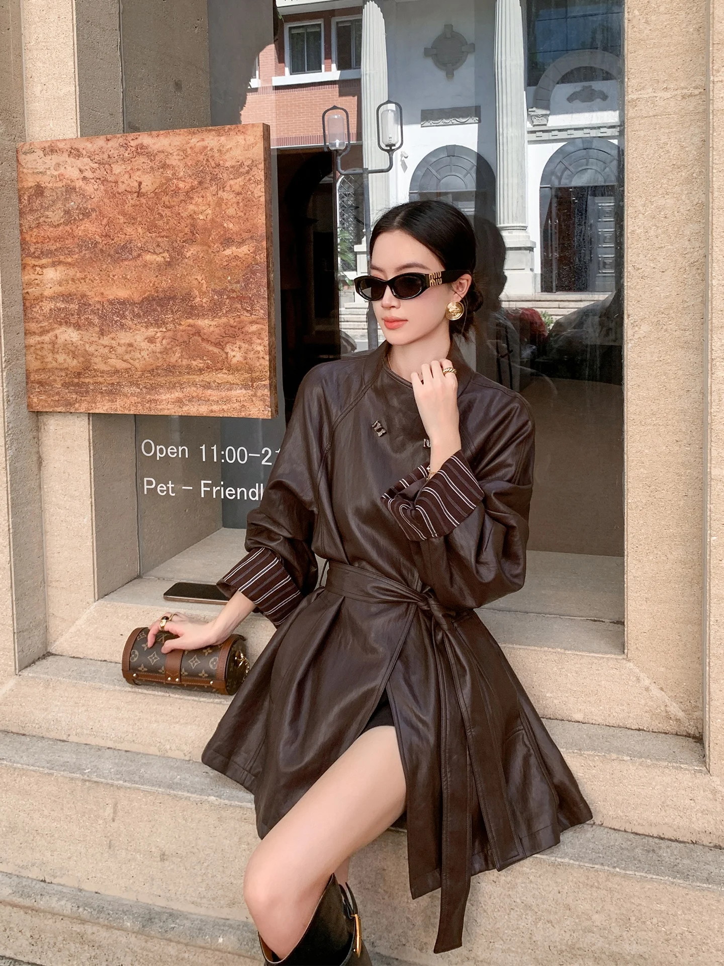 Binguo vintage listra flip-sve gola de couro jaet feminino fino ajuste outono cintura-entretendo casaco corta-vento