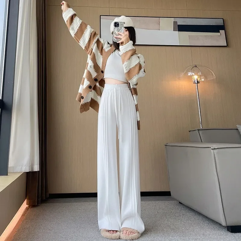 Pantaloni da donna autunno inverno nuovo stile morbido lavorato a maglia drappeggiato lungo taglio dritto allentato pantaloni larghi a vita alta alla moda